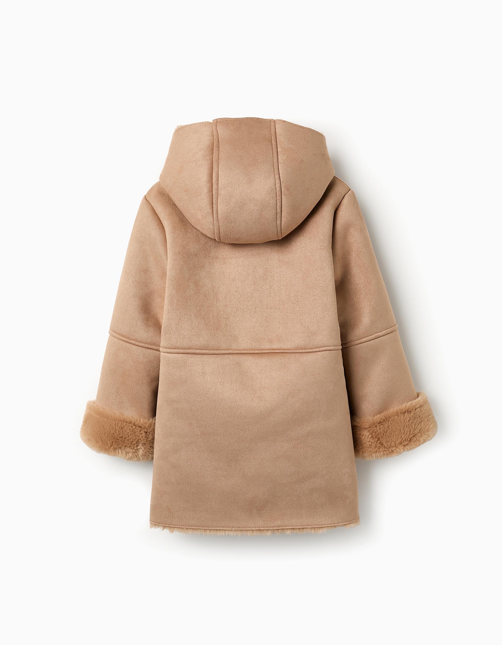 Long Suedine Coat with Faux Fur for Girls, Camel