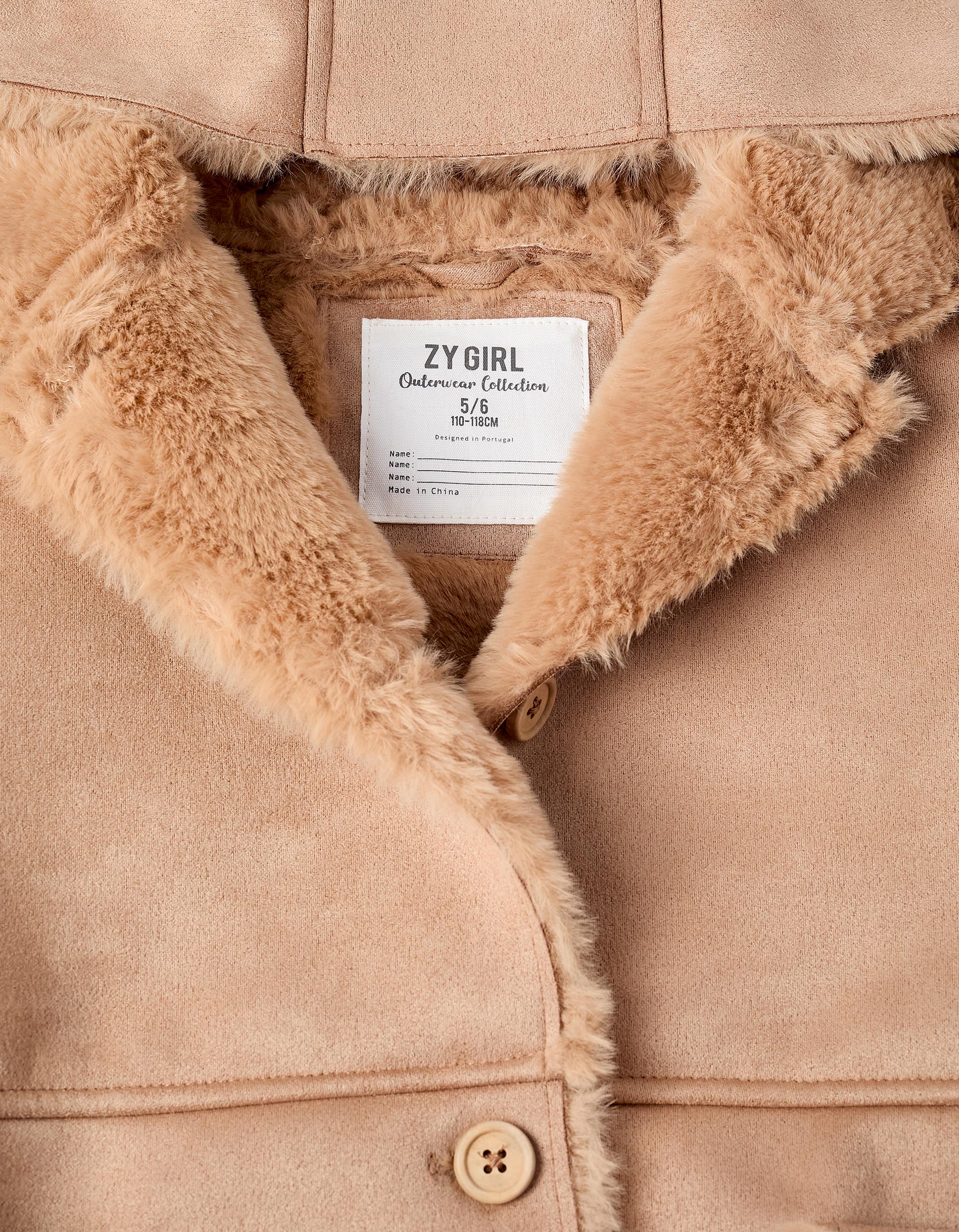 Long Suedine Coat with Faux Fur for Girls, Camel