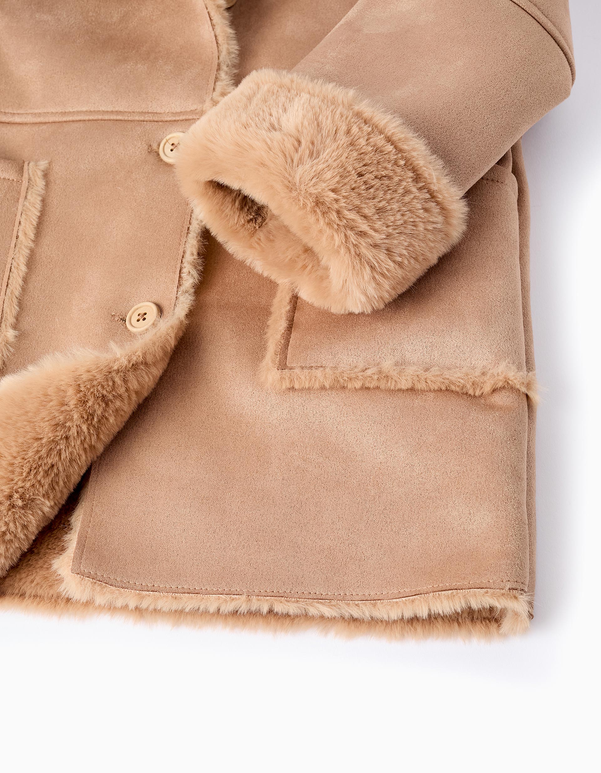 Long Suedine Coat with Faux Fur for Girls, Camel