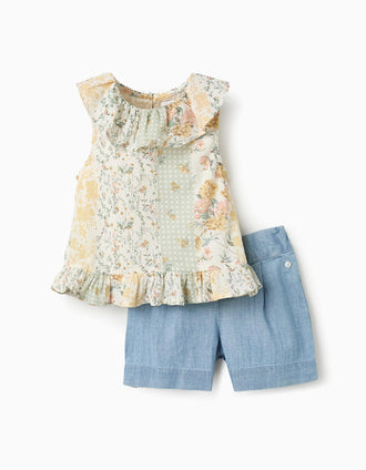 Top Floral + Short para Bebé Niña, Beige/Azul