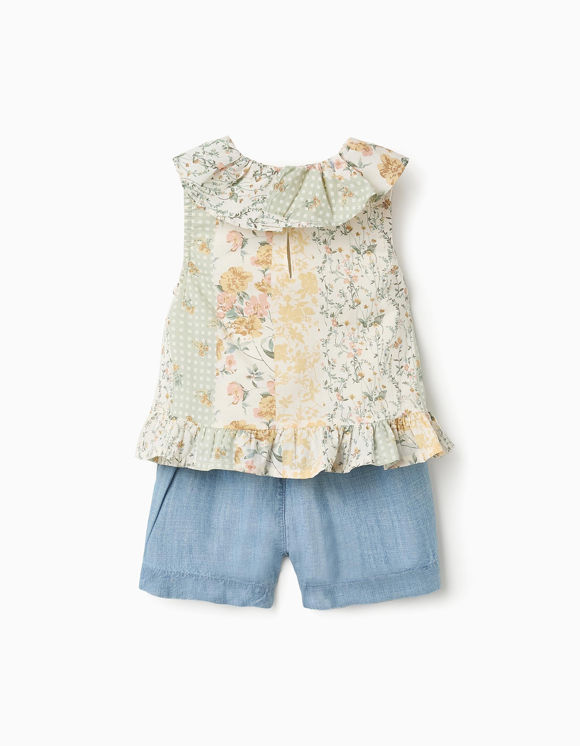 Top Floral + Denim Shorts for Baby Girls, Beige/Blue