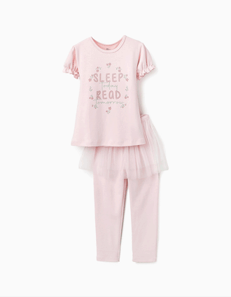 Pijama Brilha no Escuro com Saia de Tule para Menina 'Sleep', Rosa