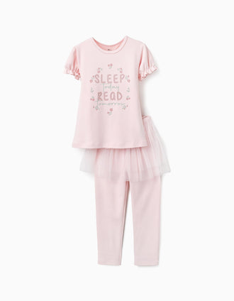 Pijama Brilha no Escuro com Saia de Tule para Menina 'Sleep', Rosa