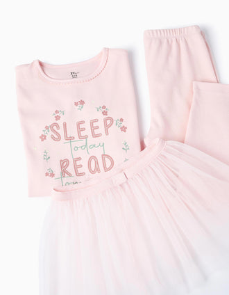 Pijama Brilha no Escuro com Saia de Tule para Menina 'Sleep', Rosa