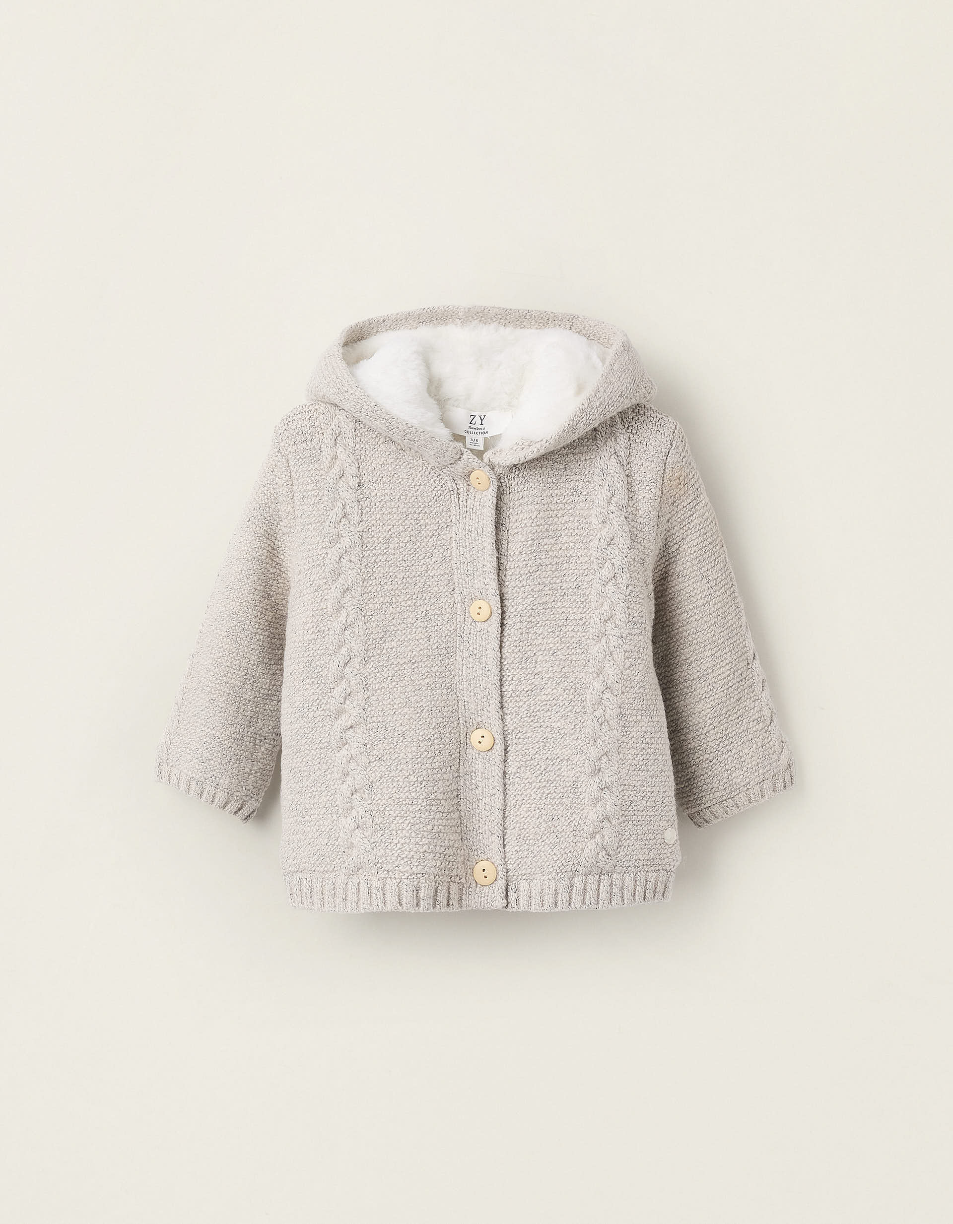 Cardigan with Faux Fur Lining for Newborns, Beige