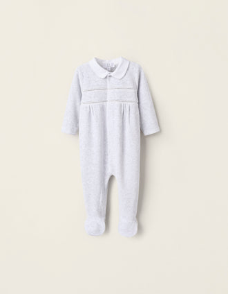 Grenouillère en Velours avec Broderies pour Nouveau-Née, Gris/Blanc