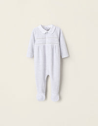 Pelele de Terciopelo con Bordados para Recién Nacida, Gris/Blanco
