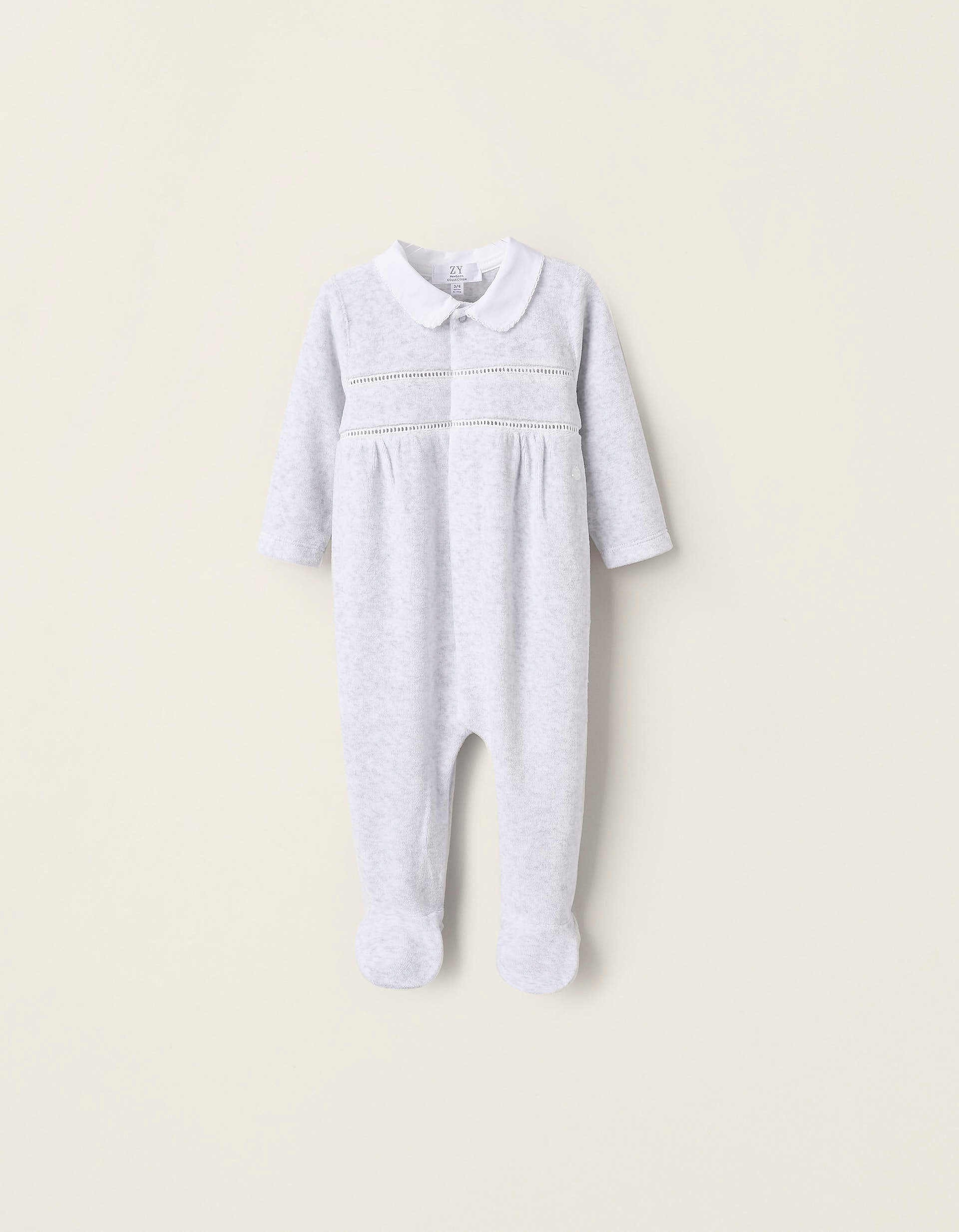 Velours Embroidered Sleepsuit for Newborn Girls, Grey/White