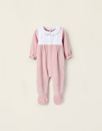 Pelele de Terciopelo con Volantes y Bordado Inglés para Recién Nacida, Rosa