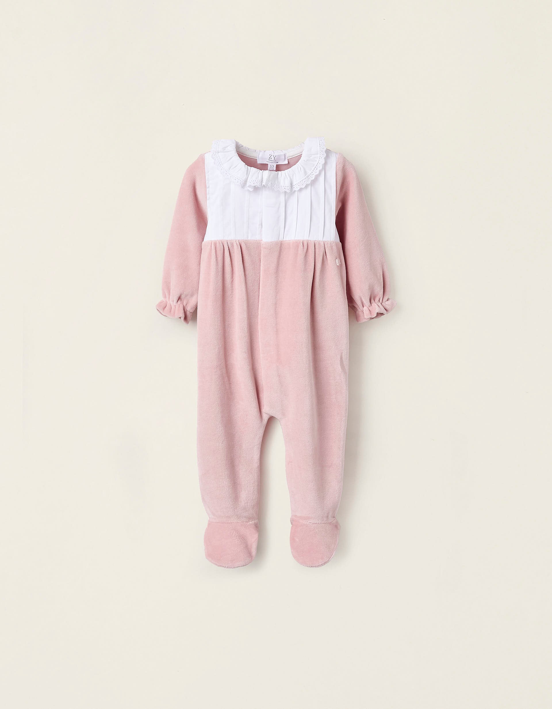 Velours Sleepsuit with Frills and Broderie Anglaise for Newborn Girls, pink