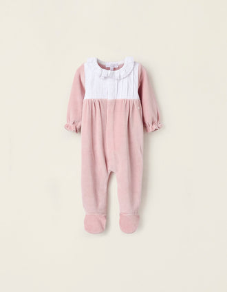 Grenouillère en Velours avec Volants et Broderie Anglaise pour Nouveau-Née, Rose
