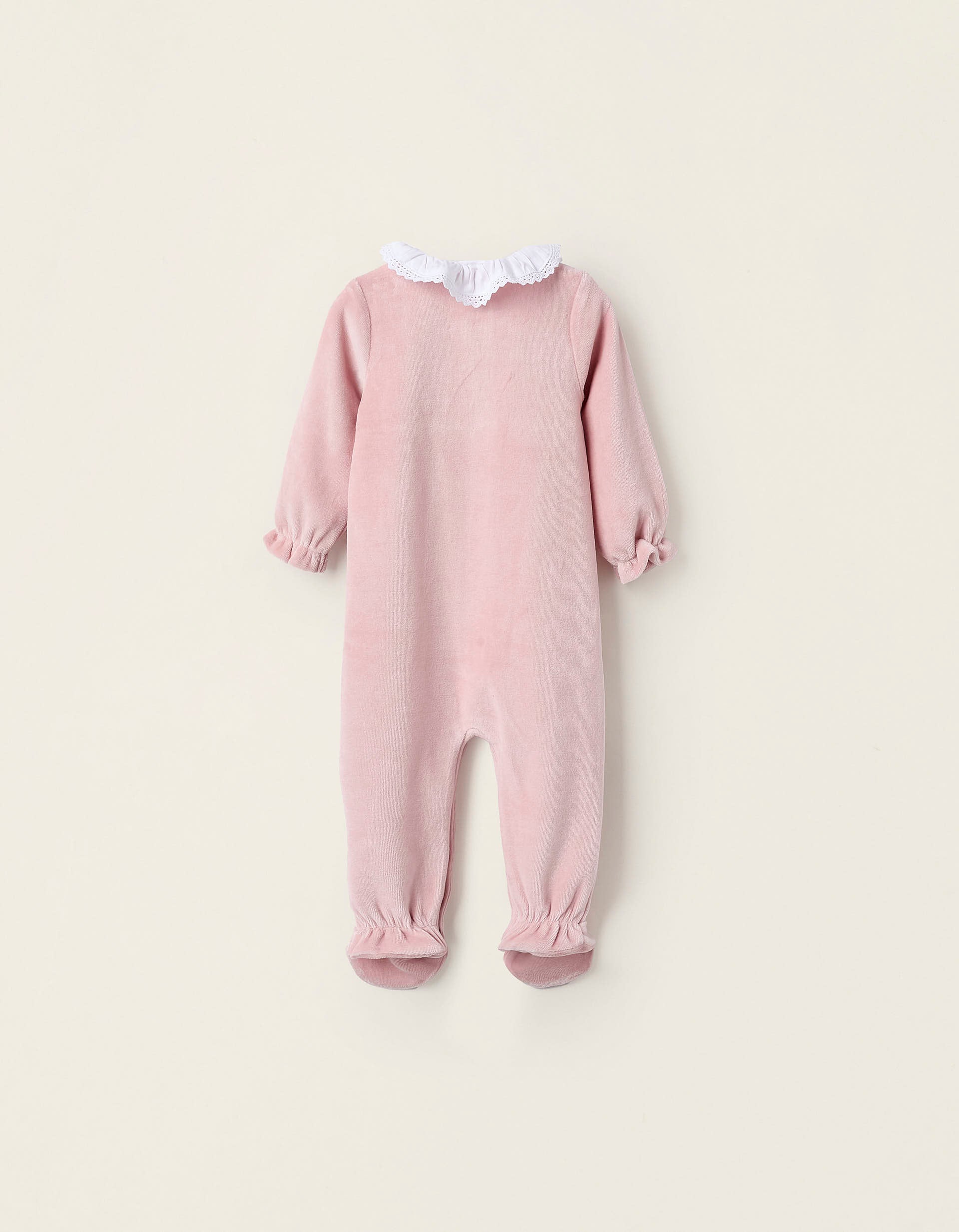 Velours Sleepsuit with Frills and Broderie Anglaise for Newborn Girls, pink