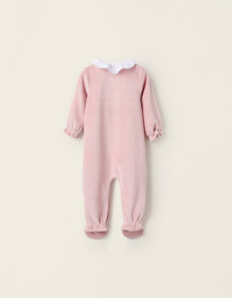 Pelele de Terciopelo con Volantes y Bordado Inglés para Recién Nacida, Rosa