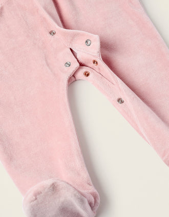 Pelele de Terciopelo con Volantes y Bordado Inglés para Recién Nacida, Rosa