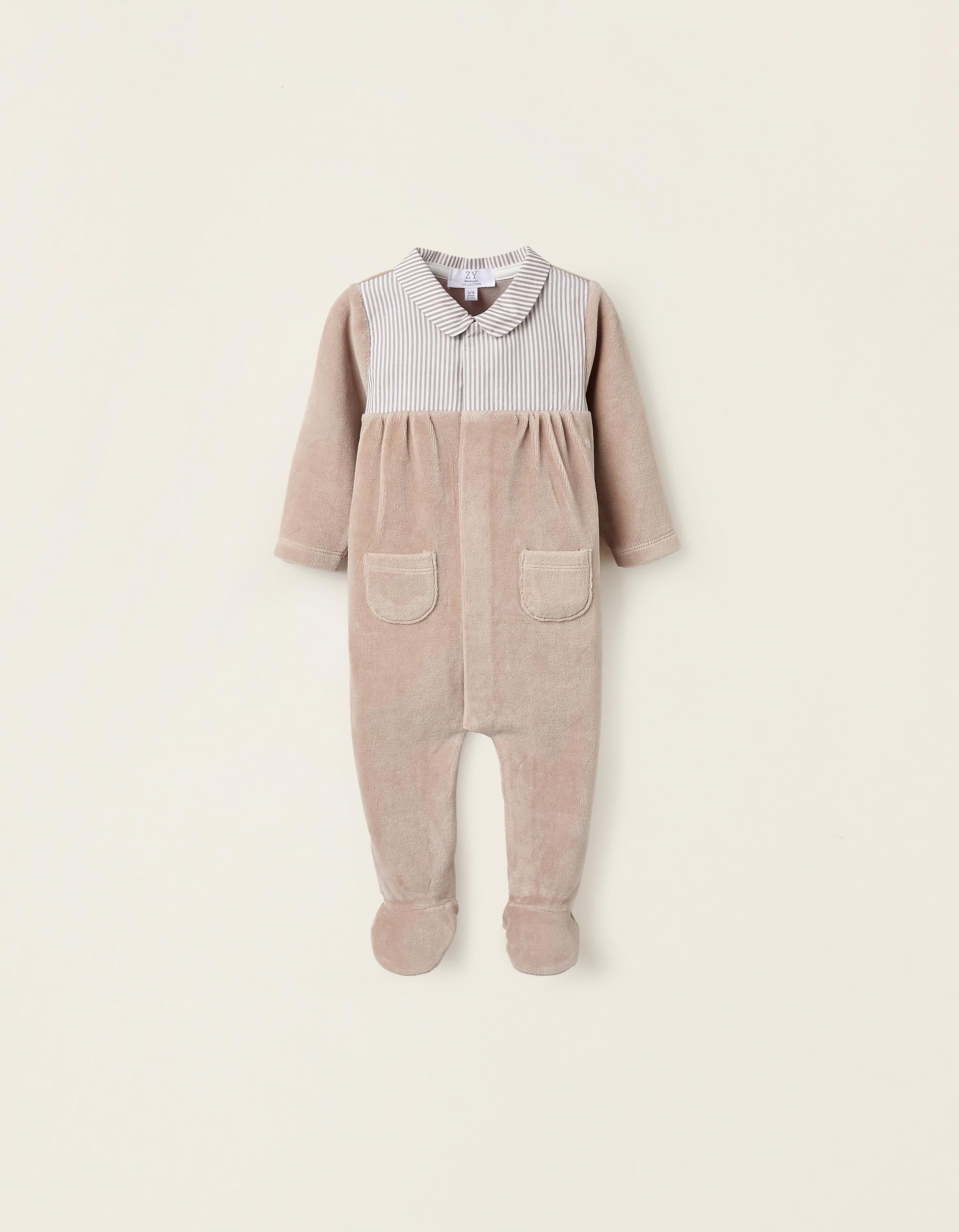 Velour Striped Sleepsuit for Newborns, Beige