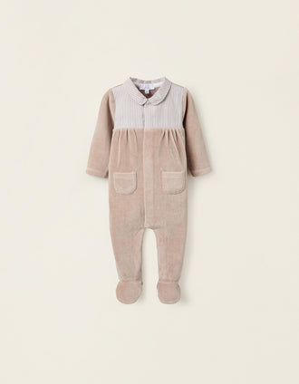 Grenouillère en Velours à Rayures pour Nouveau-Né, Beige