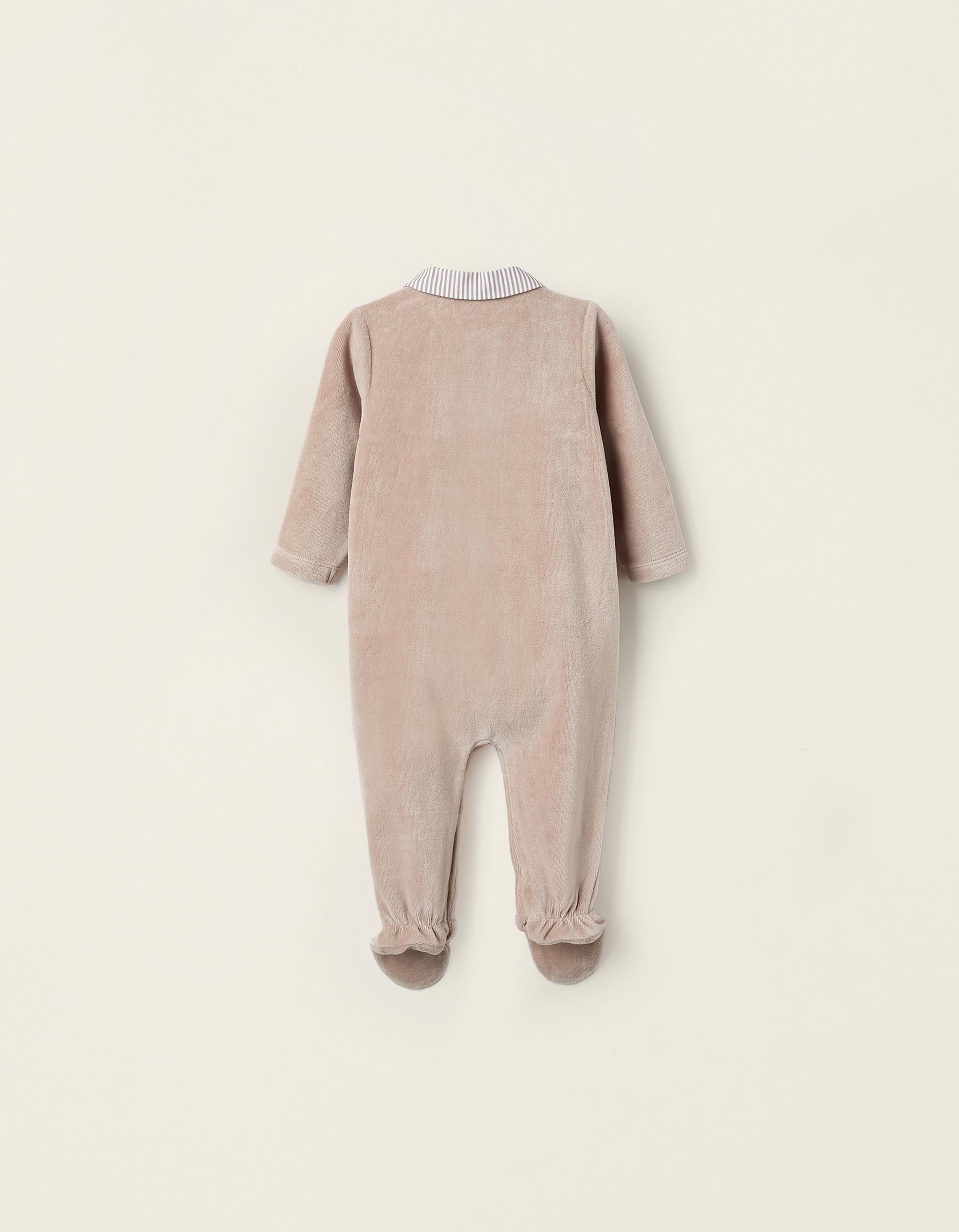 Velour Striped Sleepsuit for Newborns, Beige