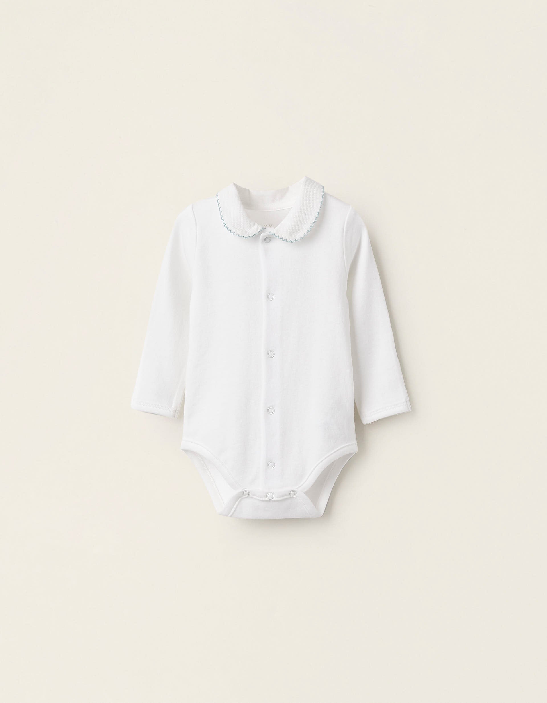 Cotton Bodysuit with Collar and Trim for Newborn Girls, White