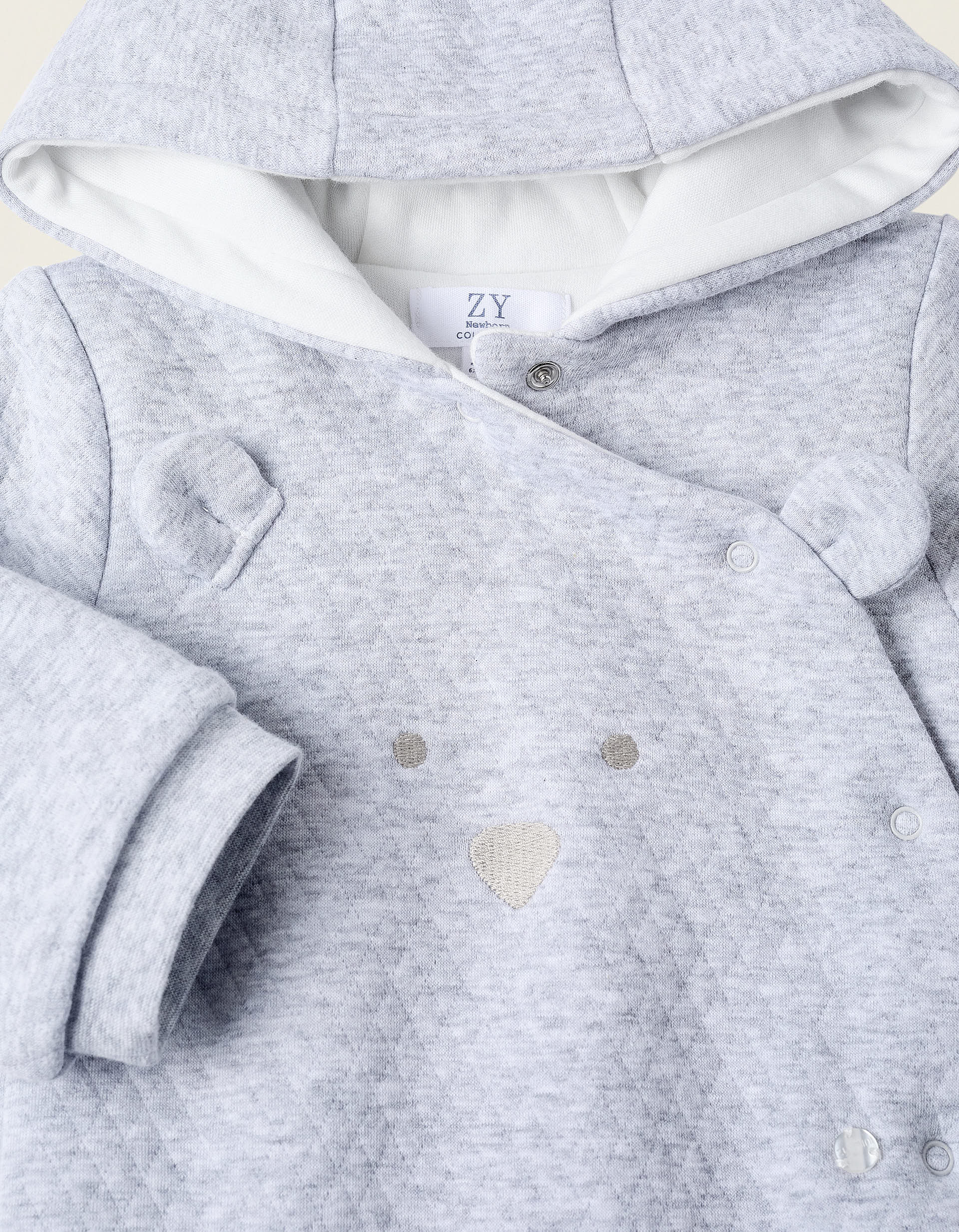 Padded Hooded Sleepsuit for Newborns 'Bear', Grey