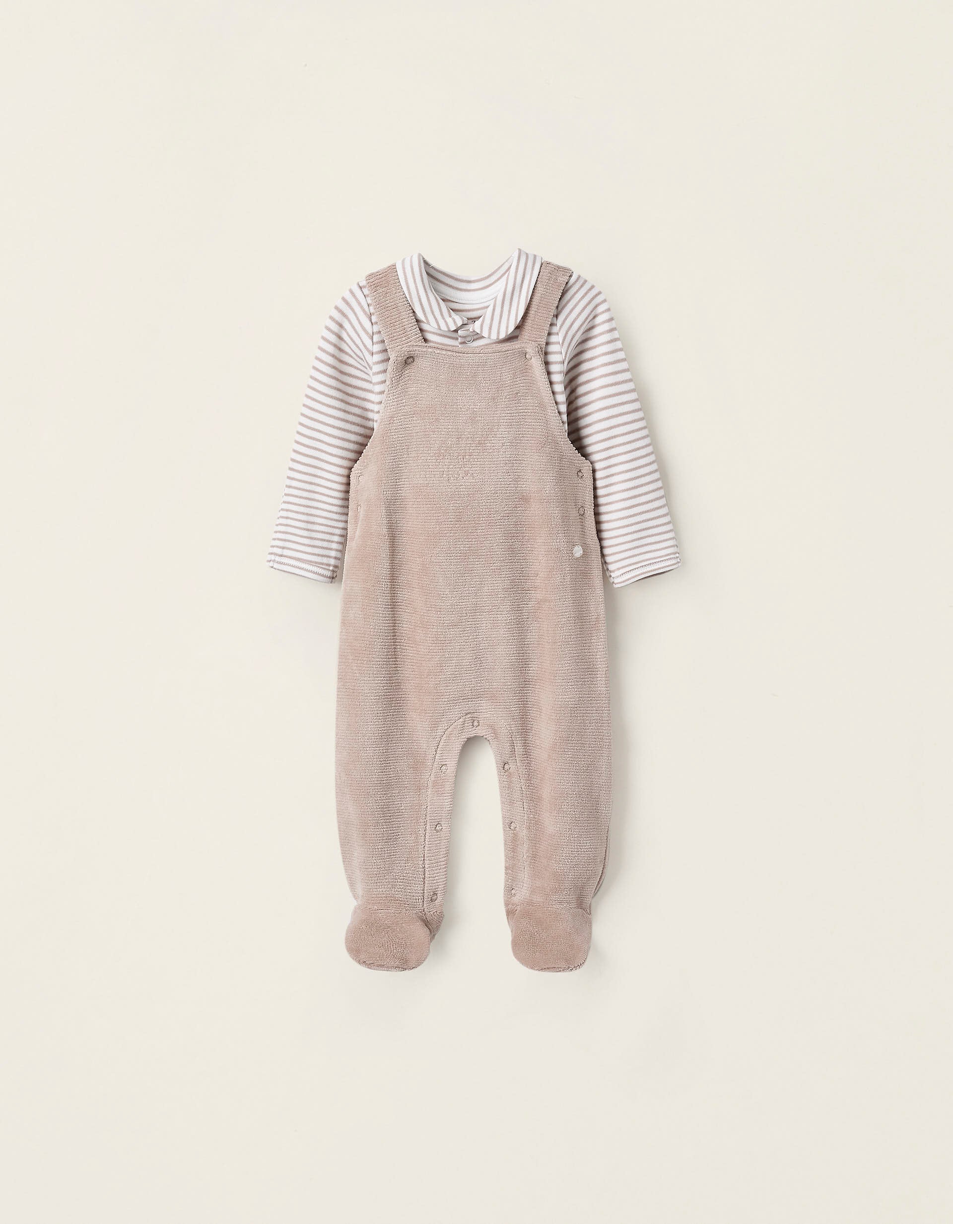 Bodysuit + Velours Jumpsuit for Newborn Boys, Beige/White