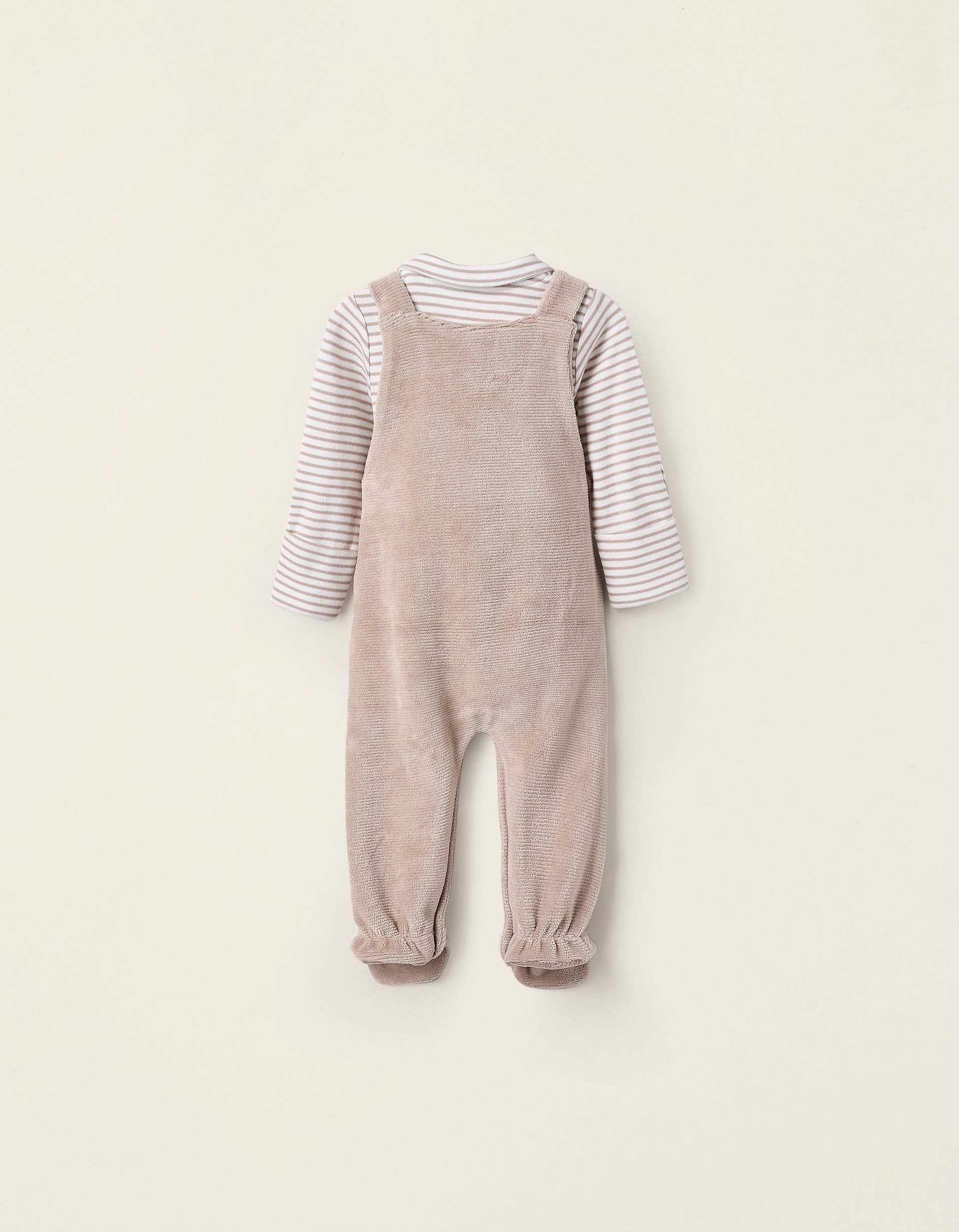 Bodysuit + Velours Jumpsuit for Newborn Boys, Beige/White