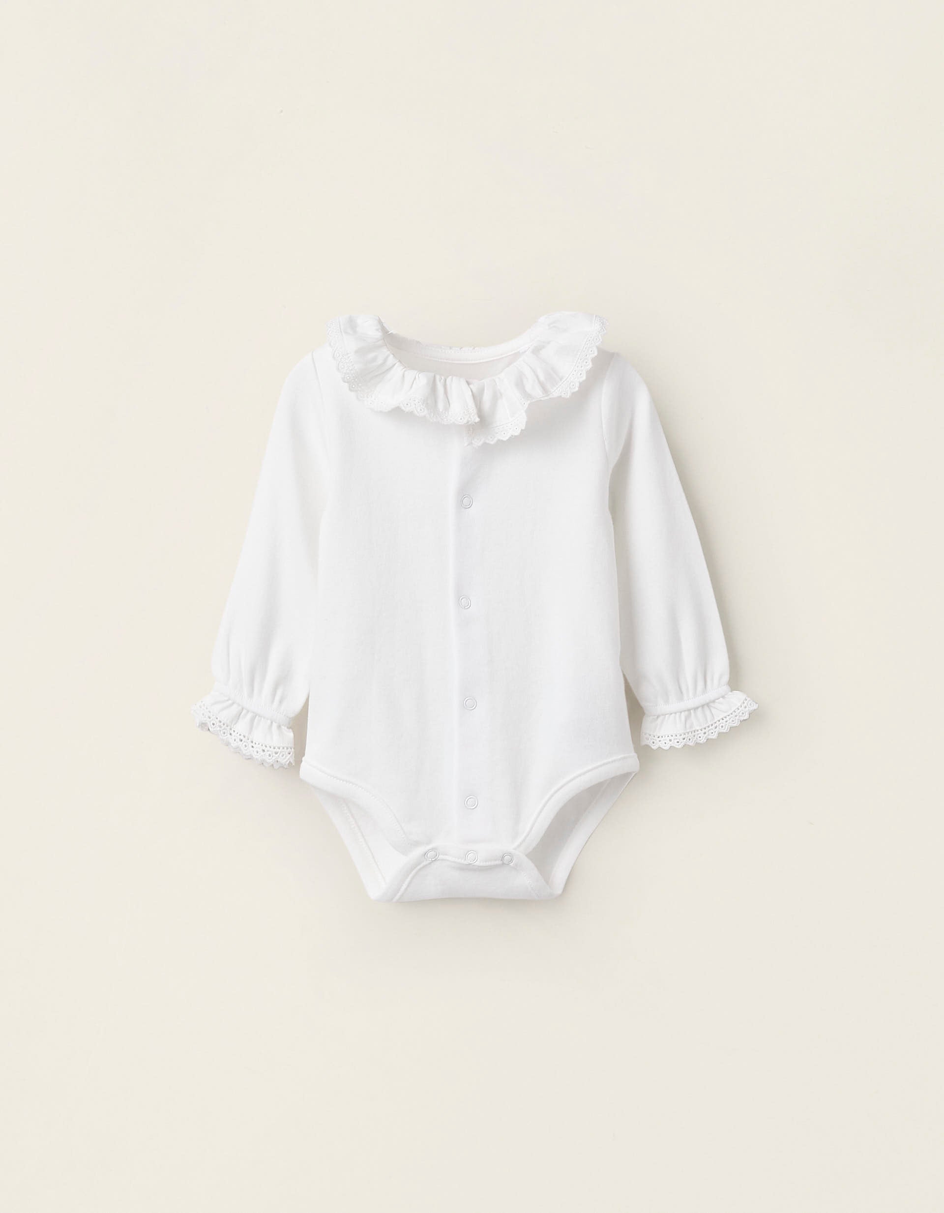 Cotton Bodysuit with Frills and Lace for Newborn Girls, White