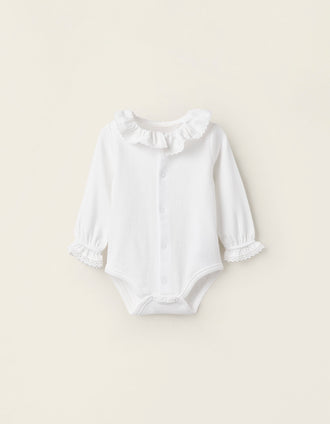 Body de Algodão com Folhos e Renda para Recém-Nascida, Branco