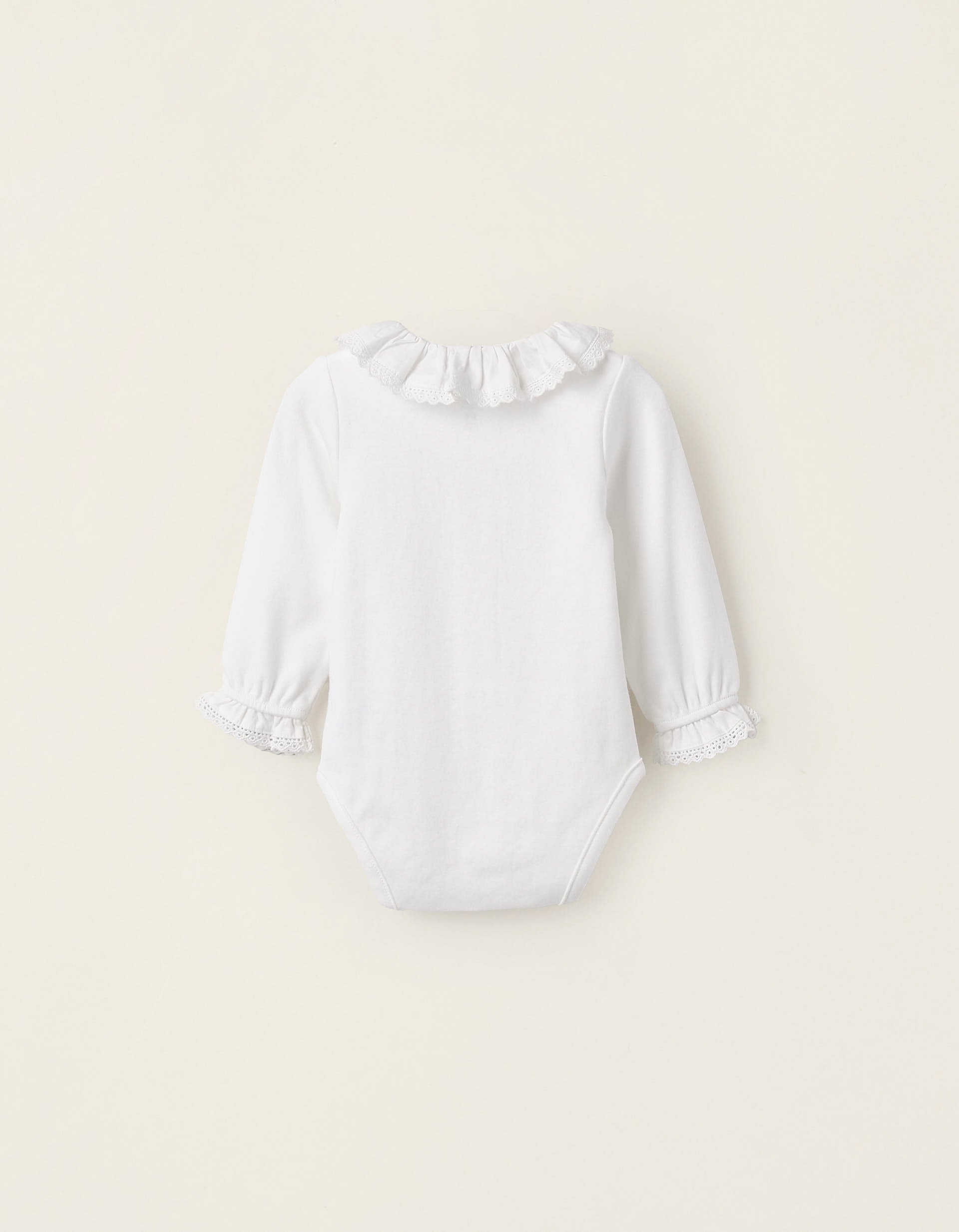 Cotton Bodysuit with Frills and Lace for Newborn Girls, White