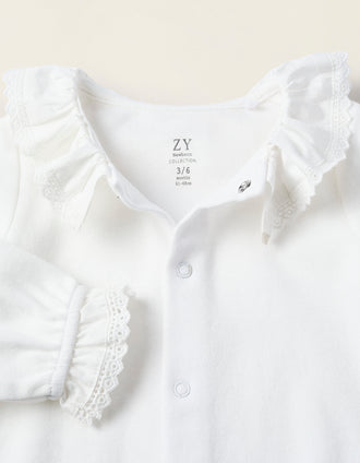 Body de Algodão com Folhos e Renda para Recém-Nascida, Branco
