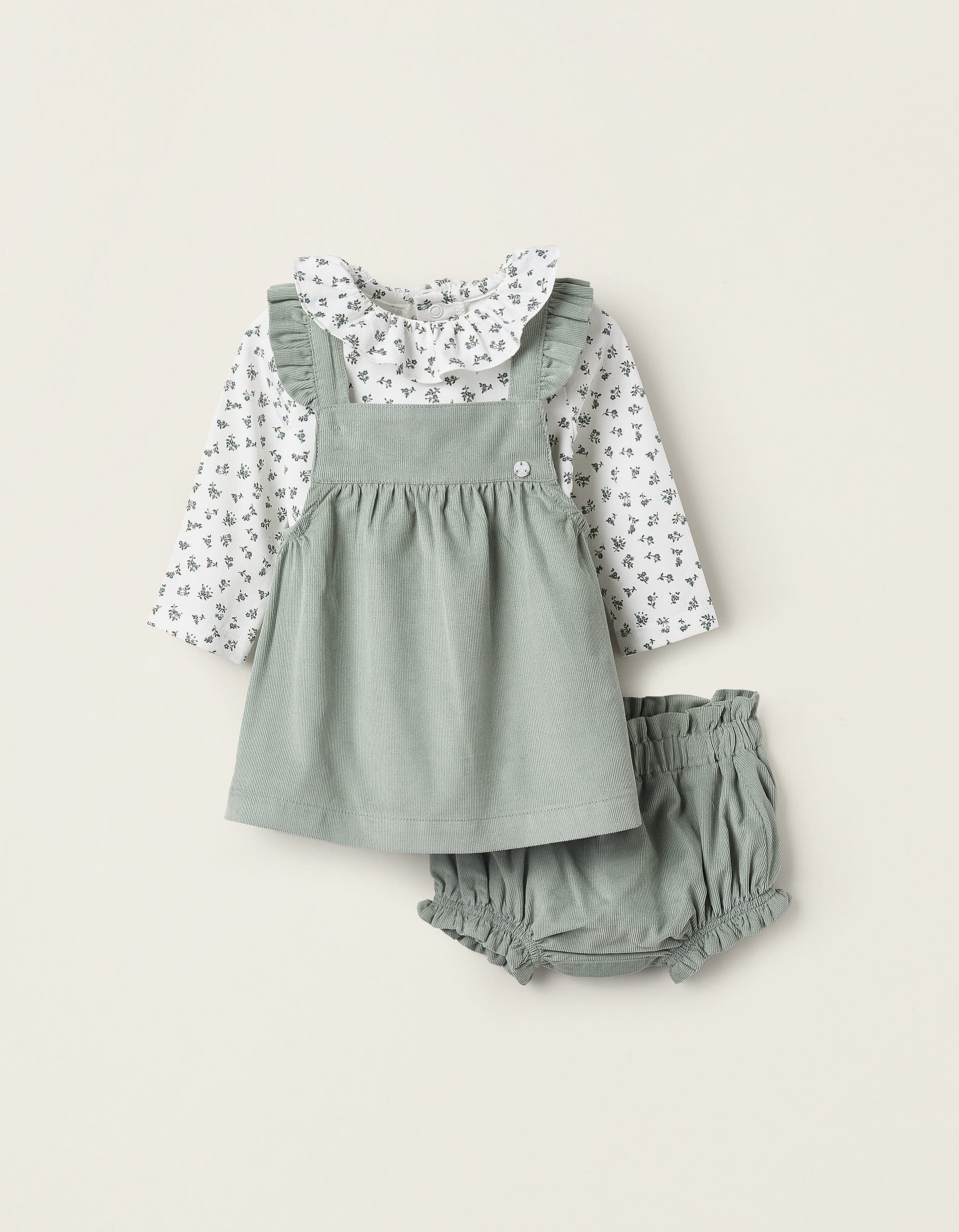 Bodysuit + Dress + Bloomers for Newborns, White/Green