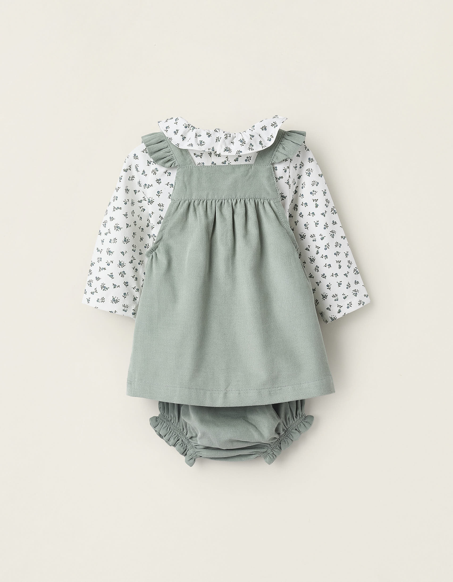 Bodysuit + Dress + Bloomers for Newborns, White/Green