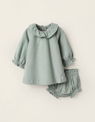 Vestido + Cubrepañal de Pana para Recién Nacida, Verde