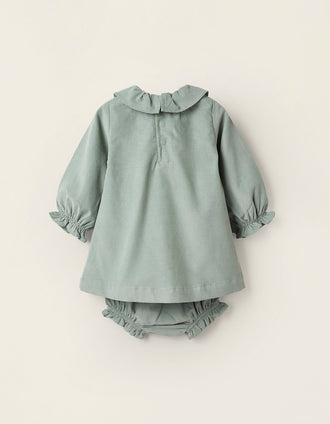 Vestido + Cubrepañal de Pana para Recién Nacida, Verde