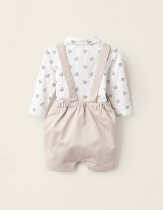 Bodysuit + Twill Jumpsuit for Newborn Babies, White/Beige