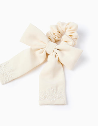 Coletero Scrunchie con Lazo y Bordados para Bebé y Niña, Beige