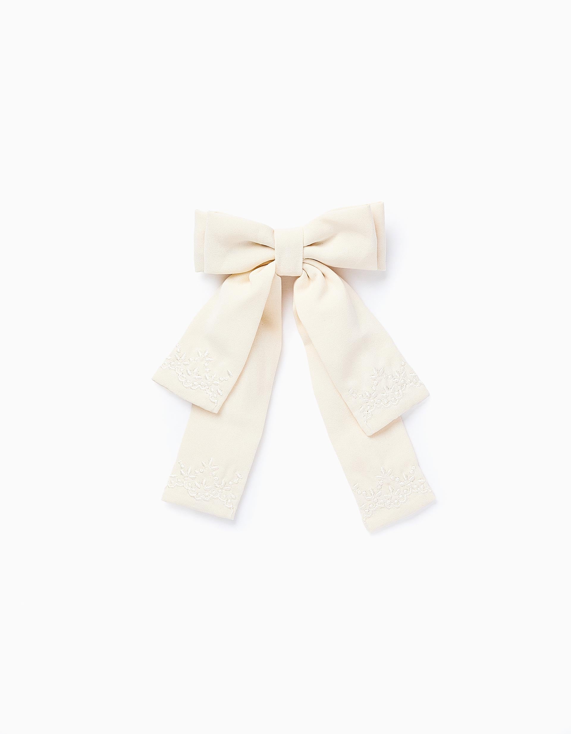 Hair Slide with Bow and Embroidery for Baby Girls, Beige