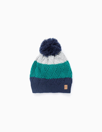 Bonnet en Maille avec Pompon pour Garçon, Bleu/Vert/Gris