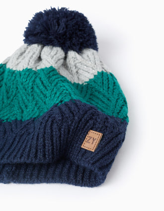 Gorro de Punto con Pompón para Niño, Azul/Verde/Gris