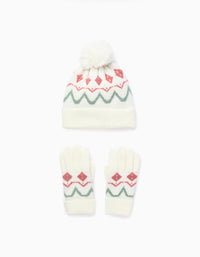 Gorro + Guantes de Punto con Jacquard para Niña, Blanco