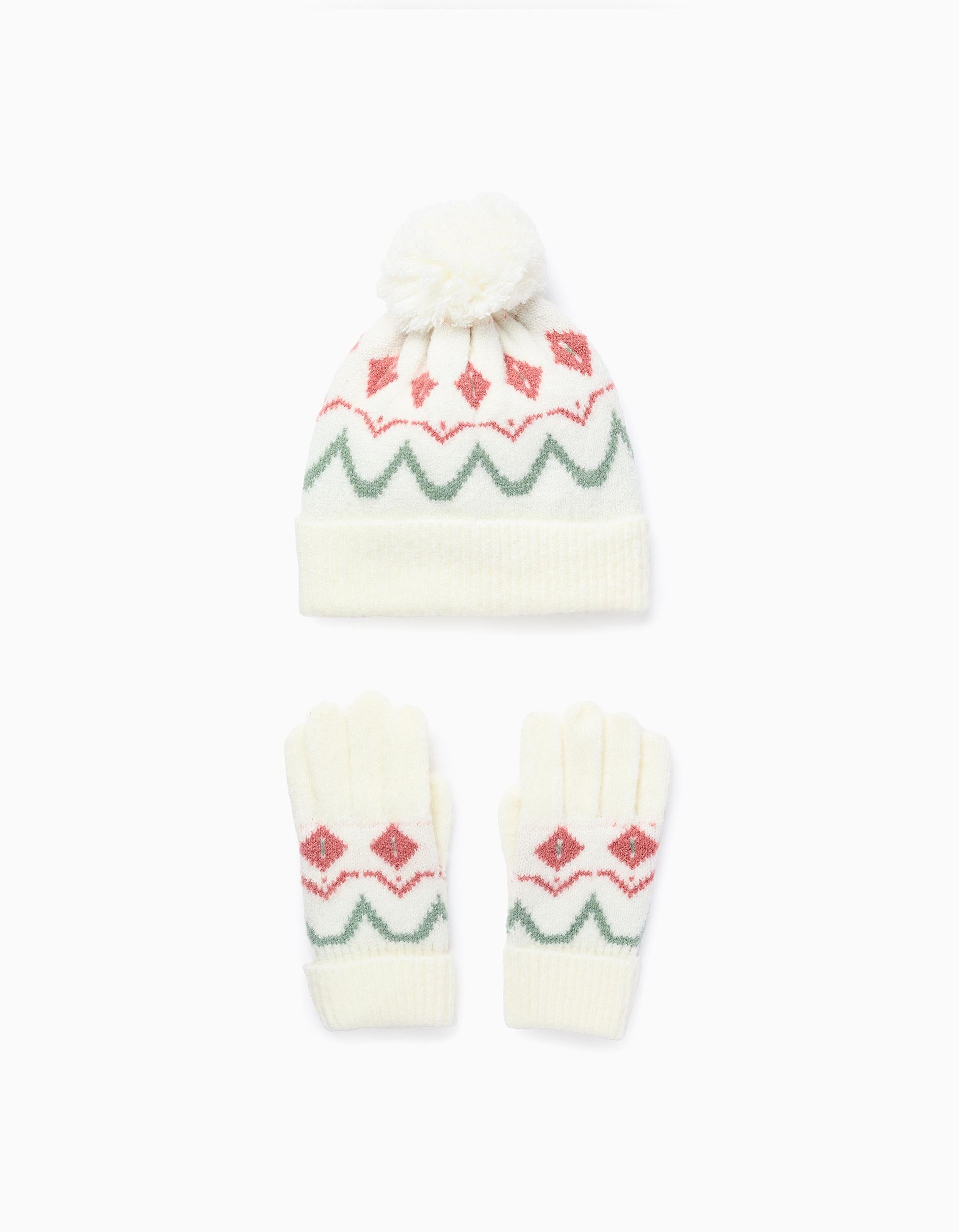 Beanie + Knit Gloves with Jacquard for Girls, White