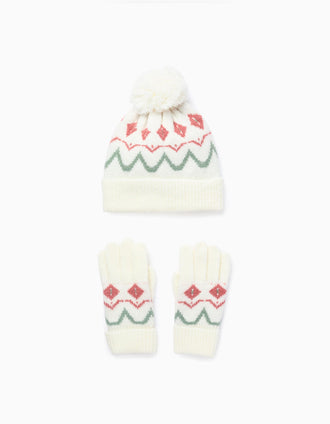 Gorro + Guantes de Punto con Jacquard para Niña, Blanco