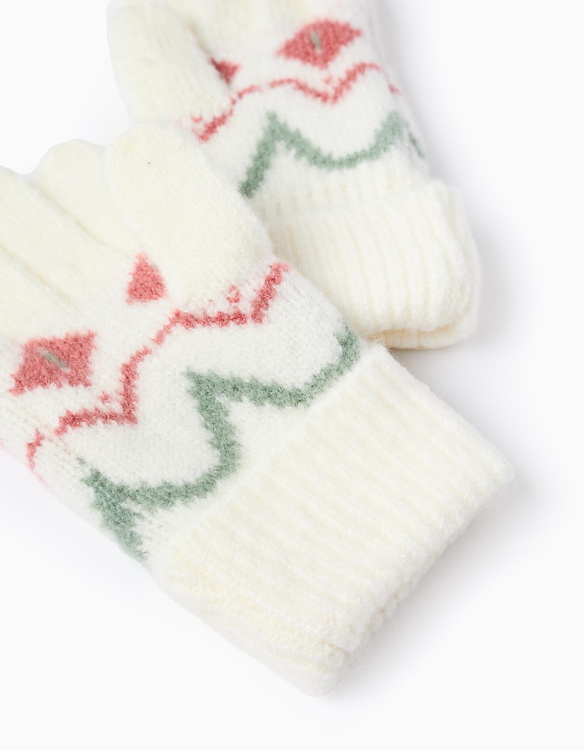 Beanie + Knit Gloves with Jacquard for Girls, White