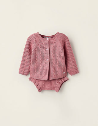 Chaqueta + Mono de Punto para Recién Nacida, Rosa