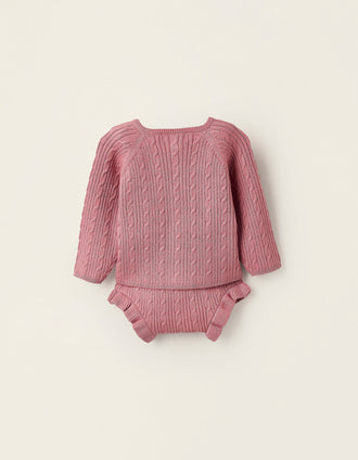 Chaqueta + Mono de Punto para Recién Nacida, Rosa