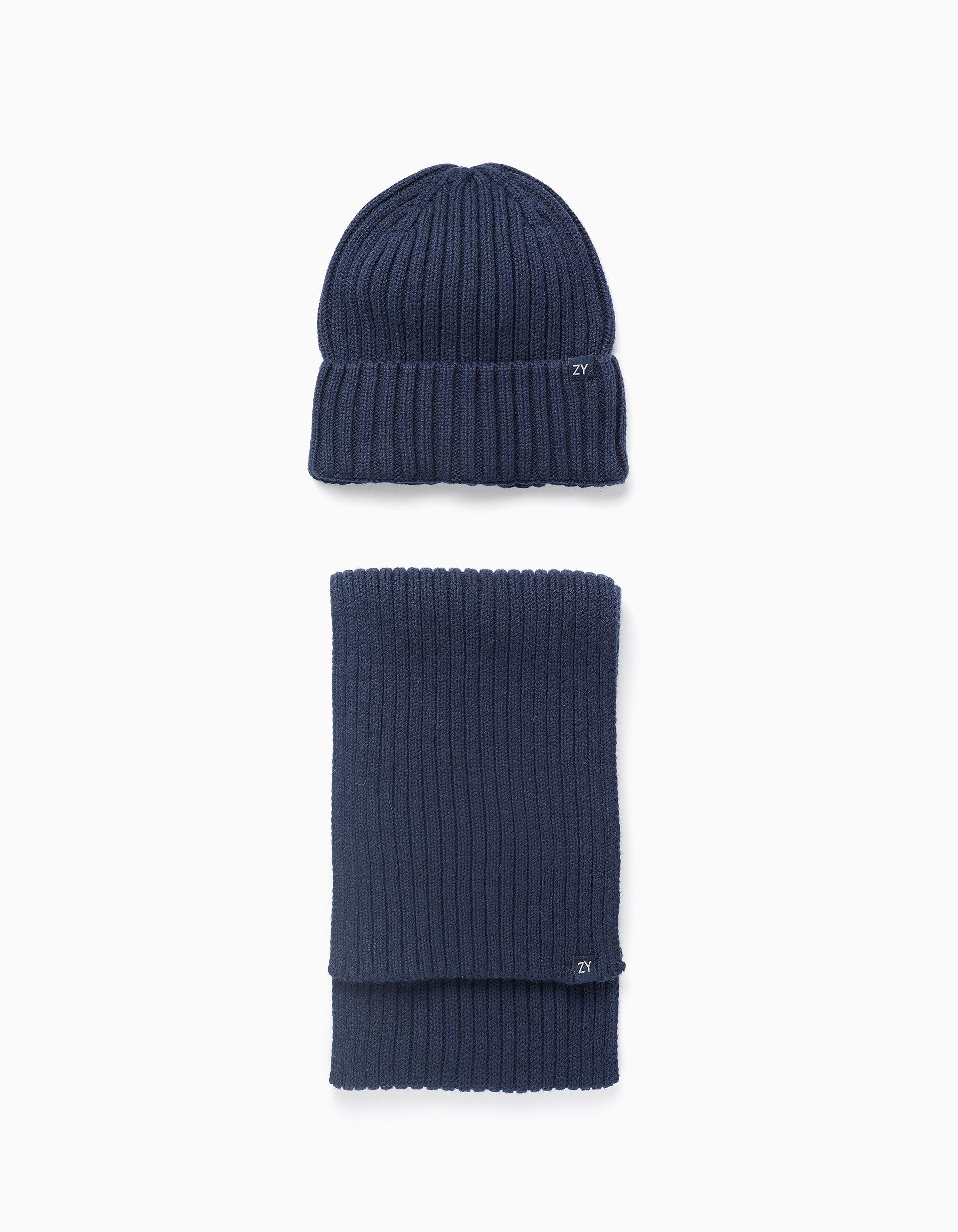 Beanie + Ribbed Knit Scarf Set for Boys, Dark Blue