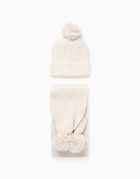 Gorro + Cachecol de Malha com Lurex e Pompons para Menina, Bege