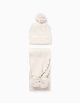 Gorro + Bufanda de Punto con Lurex y Pompones para Niña, Beige