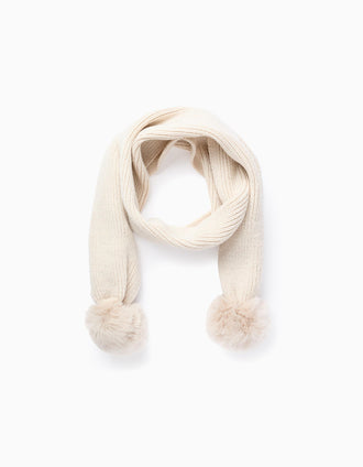 Gorro + Cachecol de Malha com Lurex e Pompons para Menina, Bege