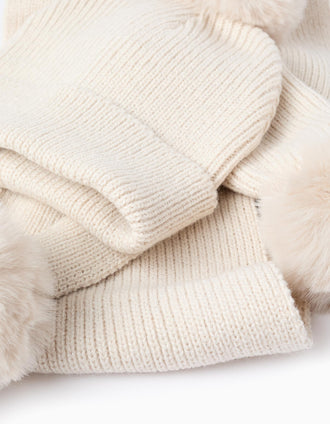 Gorro + Bufanda de Punto con Lurex y Pompones para Niña, Beige