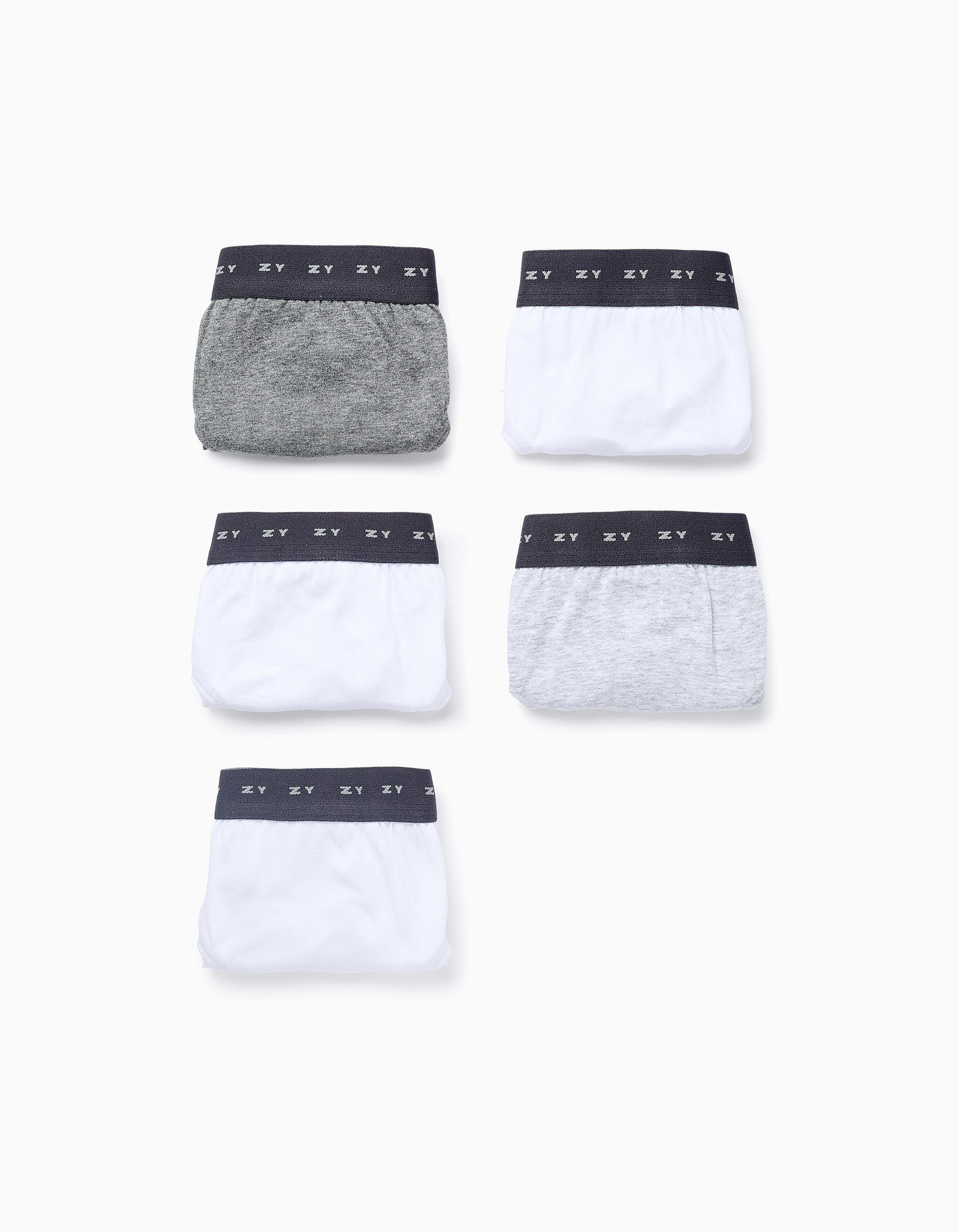 Pack of 5 Plain Briefs for Boys, White/Grey